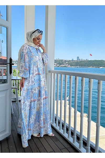 Aselim Hijap Moda Καλοκαιρινό φόρεμα με έθνικ σχέδιο |   Μπλε με κουμπιά και άνετη εφαρμογή