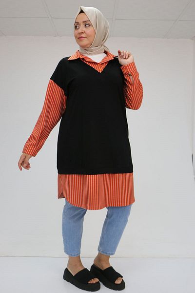 Eslina 58069 Plus Size Tunik with Padded Vest Look - Black-Tile