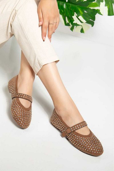 Lolo Life Caren Velvet Fabric with Silver Staple Detail Ankle Strap Women's Ballerinas - 0300