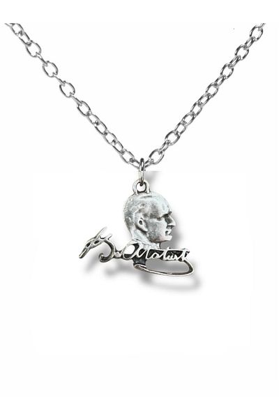 Herşey Nota Kemal Atatürk Signature and Silhouette Figure Necklace – Silver Color Unisex Metal Jewelry