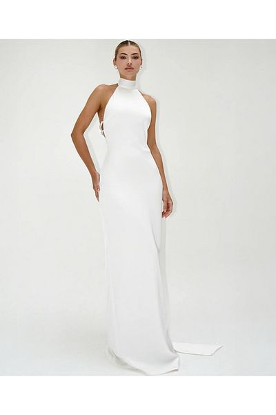 Aziza Collection Pearl Grace -Halter -Backless Gown with Pearl Strap (White/Black )