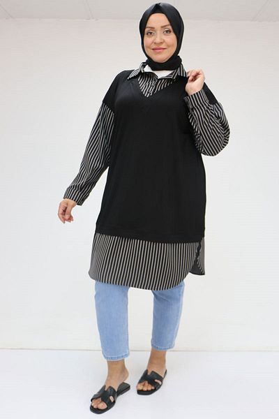 Eslina 58069 Large Size Tunik with Vest Look - Black-Black