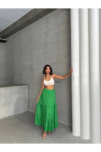 PETITE Frilly Brode Lined Long Skirt Green S255047