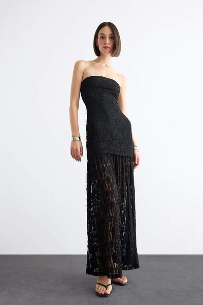 DeFacto Slim Fit Slim Fit Body Wrap Lace Στράπλες Μαύρο Μάξι Φόρεμα F8508ax25sm