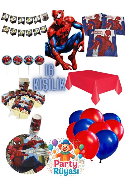 partyrüyası Spiderman Themed Birthday Set for 16 People-3