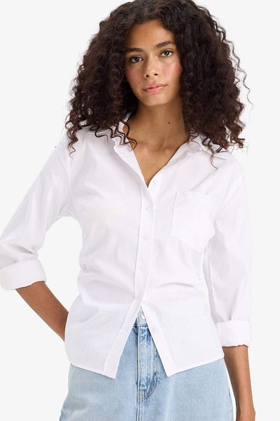 DeFacto Cămașă albă cu mânecă lungă Bengalin Slim Fit F7597AX25SM
