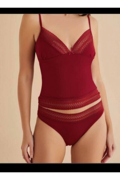 Sereia طقم ملابس داخلية نسائية من القطن الممشط مزين بالدانتيل باللون العنابي ...