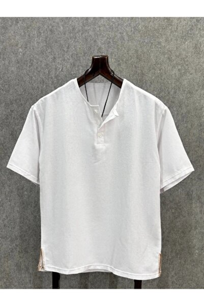 FıttingRoom Oversize Nopeli Yırtmaç Detaylı Yarım Patlı Beyaz Pamuk Keten Tshirt