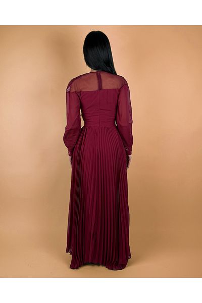 toog Maroon dress with soft pleats, sheer fabric embroidered on the chest and shoulders