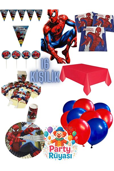 partyrüyası Spiderman Themed 16-Person Birthday Set with Streamers-4