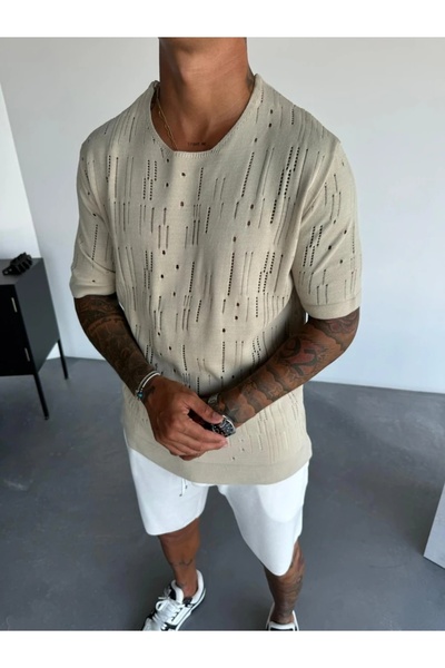 FıttingRoom Oversize Perforated Beige Knitwear Tshirt