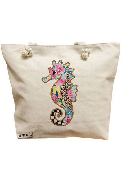 BEKZ Τσάντα Θαλάσσης, με σχέδιο λουλουδιών με ιππόκαμπο, 40x51 εκ., Κρεμ, BEKZ®