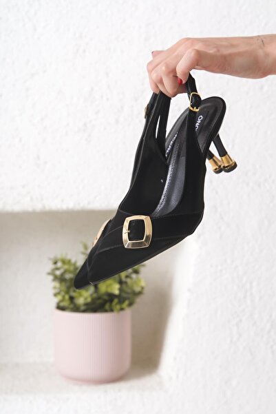 Öncerler Ayakkabı Black Satin Women's Buckle Model Galvanized Heeled Shoes