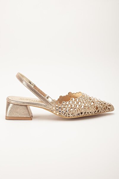 Dilimler Ayakkabı Women's Short Heeled Evening Dress Shoes Gold Knitted Stone Pointed Mold