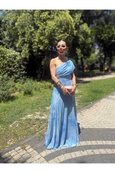 GÜLCİCİ MAVİ TEK OMUZ TÜL DETAYLI ELBİSE