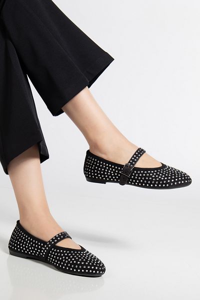 Lolo Life Caren Velvet Fabric with Silver Staple Detail Ankle Strap Women's Ballerinas - 0300