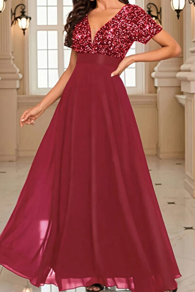 ESSFASIHON Kadın Kısa Kollu Derin V Yakalı Pulpayet Detaylı Şifon Nedime Elbise