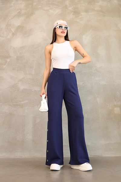 vesantia Women's Navy Blue Seasonal Wide Leg Trousers – Elastic Waist, Stylish Button Detail