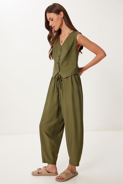 Lovelyİstanbul Crinkle Vest Baggy Trousers Set Khaki Lrv0109