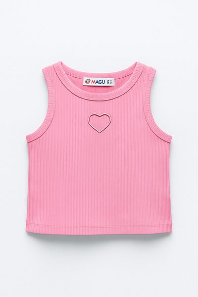Magu Girl's Ribbed Cotton Pink Heart Embroidered Crop T-Shirt – Summer Comfortable Fit
