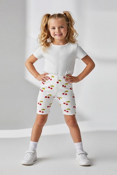 Paris Home Cherry Patterned Camisole Girl's Short Leggings Lycra High Waist Shorts Leggings Ribbed