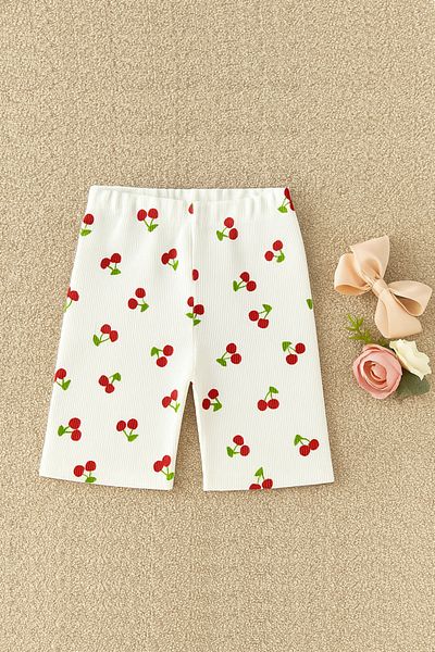 Paris Home Cherry Patterned Camisole Girl's Short Leggings Lycra High Waist Shorts Leggings Ribbed
