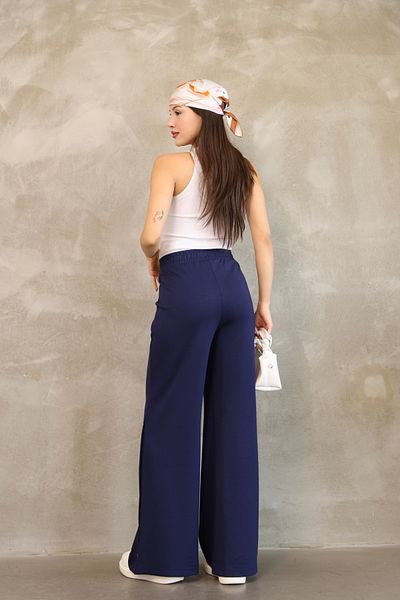 vesantia Women's Navy Blue Seasonal Wide Leg Trousers – Elastic Waist, Stylish Button Detail