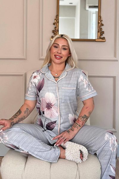 Pijamaevi Gris Magnolia Patterned Bamboo Front Button Short Sleeve Pajama Set