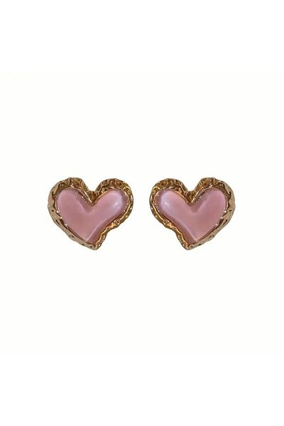 Accessories Vanilla Avenue Pink Resin Gold Yellow Detailed Heart Shaped Cute Daily Use Women's Earrings