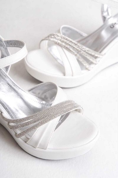 AYDOĞDU by ünal White Women's Stone Design Bridal Wedding Wedding Wedge Heeled Shoes-Bag