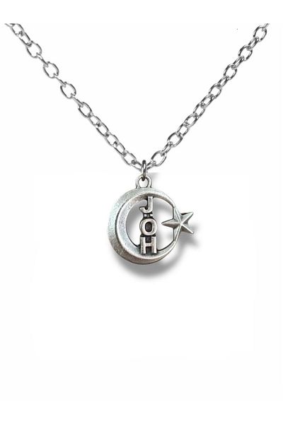 Herşey Nota Jöh Written Moon Star Figured Necklace – Silver Color Unisex Metal Jewelry