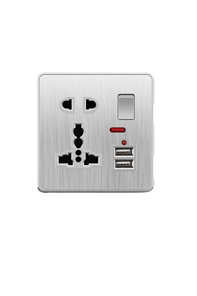 WJ 13A Brushed Silver 110-250V Wall Light Panel Socket Universal USB Wall Dual Power Outlet 1gang13AUSB