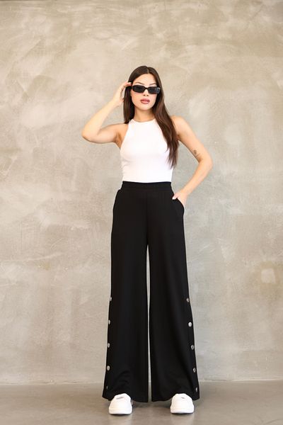 vesantia Women's Black Seasonal Wide Leg Trousers – Elastic Waist, Stylish Button Detail