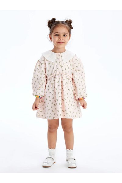 LC Waikiki Lcw Kids Ecru Baby Collar Short Sleeve Floral Patterned Baby Girl Dress / S4Bm35Z1