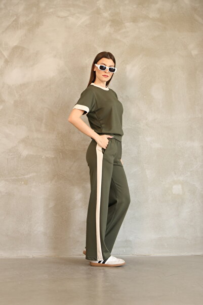 vesantia Women's Khaki Cotton Striped Tracksuit Set – Straight Leg Bottom, Comfortable Top