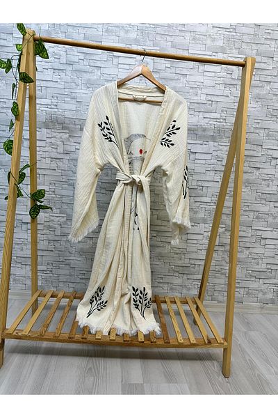 Befera Design Muslin Kimono 100% Cotton Life and Elephant Printed Patterned Bathrobe Kaftan Dressing Gown