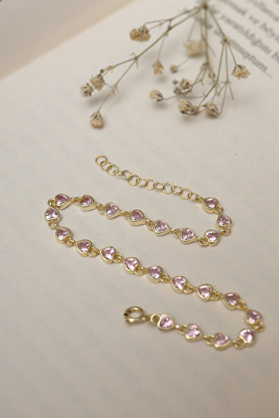 SUNSHINE 925 Ayar Gümüş, Gold Kaplamalı Kalp Tasarım Pembe Taşlı Bileklik