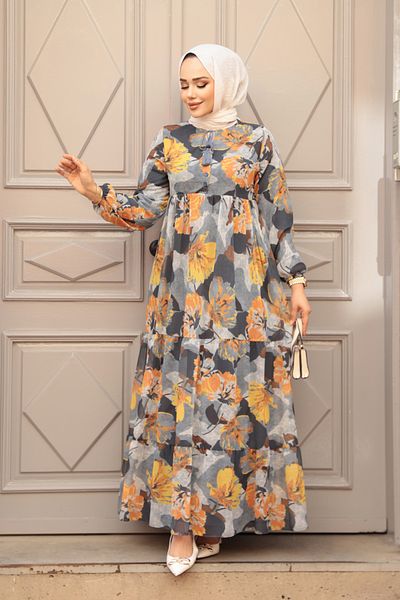 N.S NEVA STYLE Φόρεμα Hijab καπνιστό με λουλούδια 22056FU