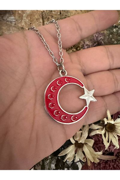Herşey Nota Red Moon Star Figured Necklace – Silver Color Unisex Metal Jewelry