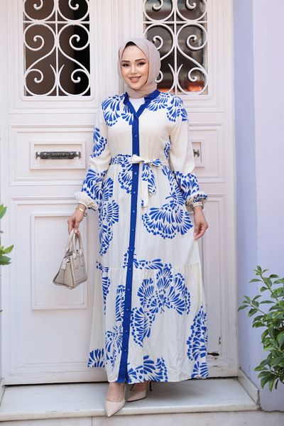 N.S NEVA STYLE Patterned Sax Blue Hijab Dress 239201Sx