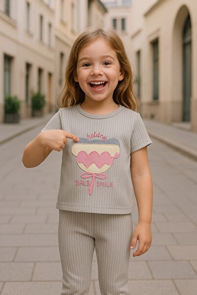 Kız Çocuk Renkli Ayıcık Detaylı Yazılı Alt-Üst Takım