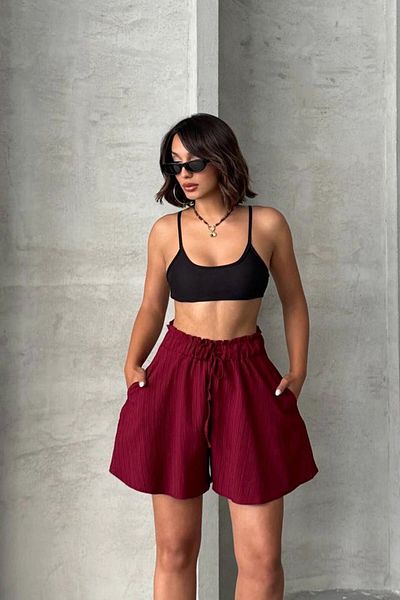 bacc Burgundy Flounced Comfortable Fit Elastic Waist Linen Shorts Bchn-25255058