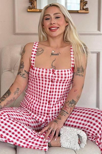 Pijamaevi Rouge Gingham Patterned Bamboo Front Button Thick Strap Pajama Set