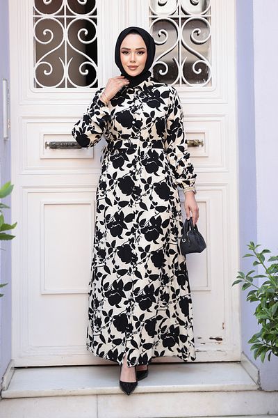 N.S NEVA STYLE Μαύρο Φόρεμα Hijab με σχέδιο 24083S