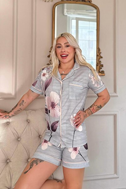 Pijamaevi Gris Magnolia Desenli Kısa Kol Şortlu Önden Düğmeli Kadın Pijama Takımı