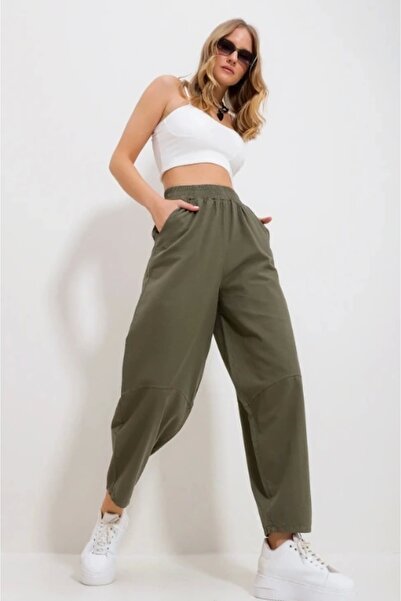 Meine Liebe Unterwäsche بنطلون شالوار كاكي جبردين نسائي – خصر مطاطي، جيوب، قص...