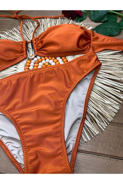 XORVİO Women's Lycra Flexible Drawstring Halter Neck Strapless Stylish Quality Coral Color V Detailed Bikini Suit