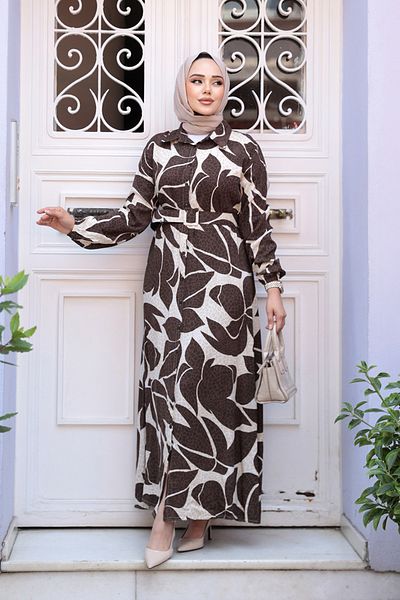 N.S NEVA STYLE Φόρεμα Καφέ Μοτίβο Hijab 24082KH