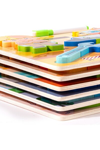 tutobaby Montessori Yazı Tahtalı ve Kalemli 3D Eğitici Öğretici Ahşap Meslek Puzzle Seti-İTFAİYECİ