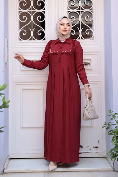 N.S NEVA STYLE Κουμπί Λεπτομερές Μπορντό Φόρεμα Hijab 7224BR